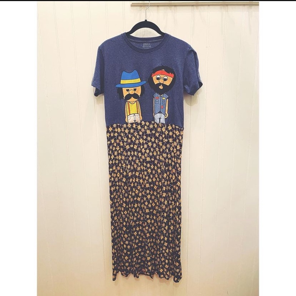 SOLD Handmade T-Shirt dress Cheech & Chong w/ floral rayon crinkle maroon skirt
